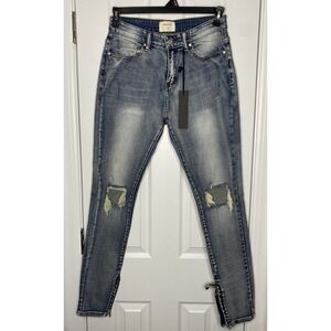 BESAINT Men's Distressed Ankle Zip‎ Denim Jeans Blue Size 32 New